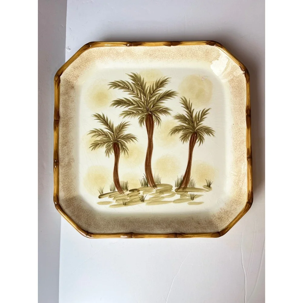 Today's Living Palm Tree Square Platter Faux Bamboo Rim Tropical Coastal 12in
